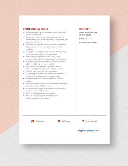 Middle School Athletic Director Resume Template