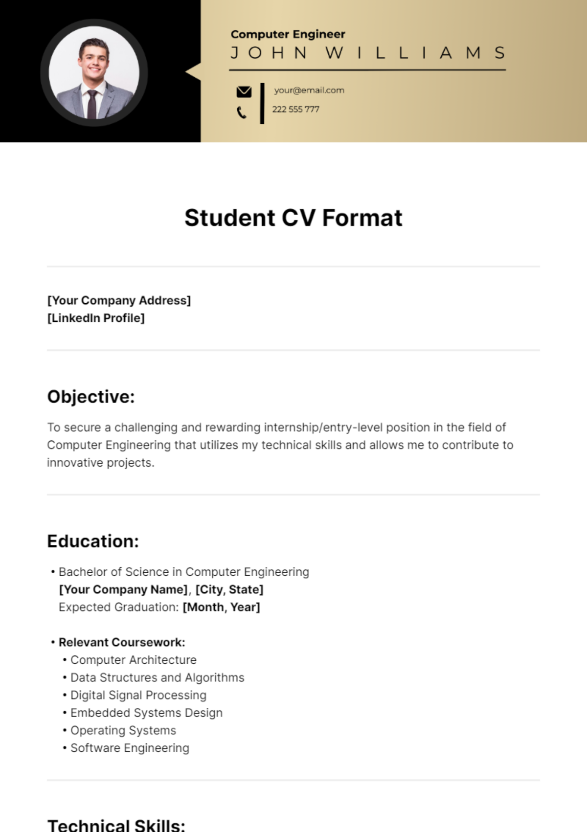 Student CV Format Template