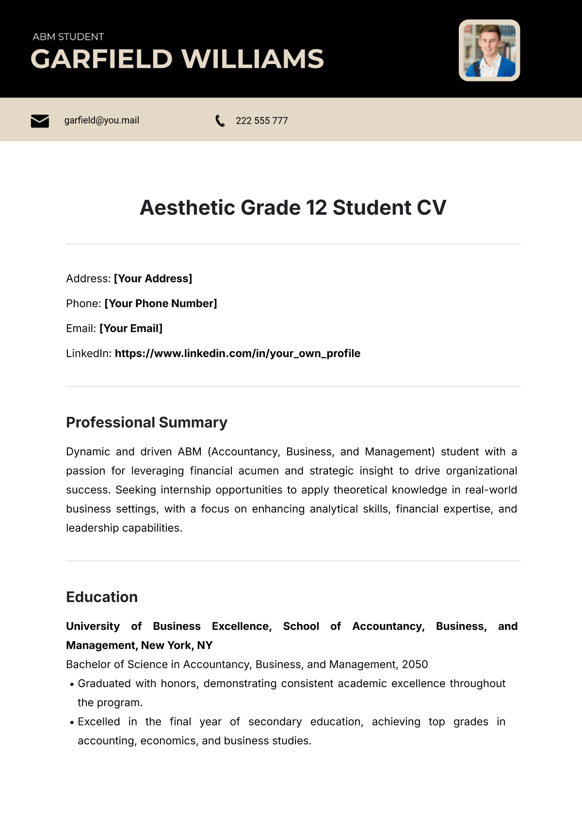 Free Aesthetic Grade 12 Student CV Template