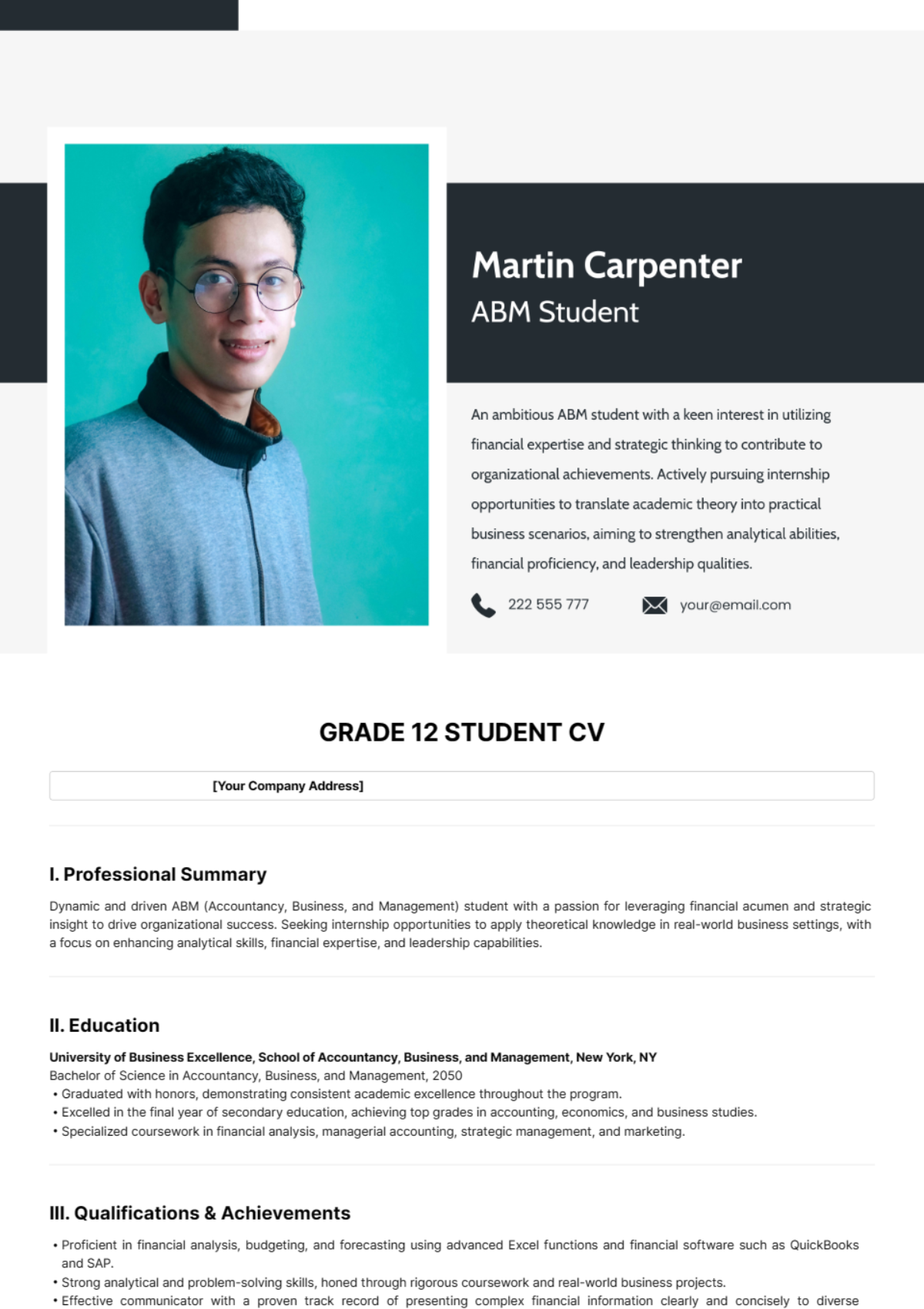 Free Grade 12 Student CV Template