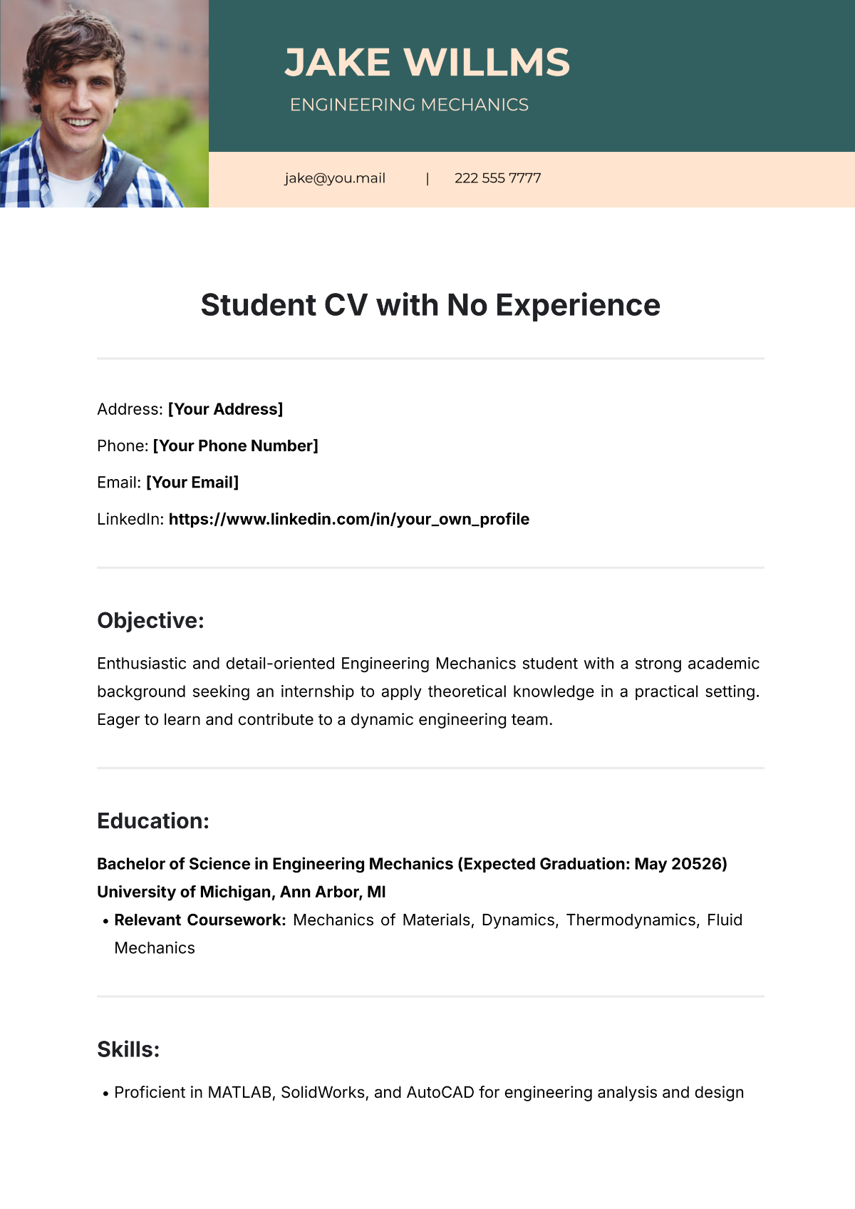 Free Student CV with No Experience Template