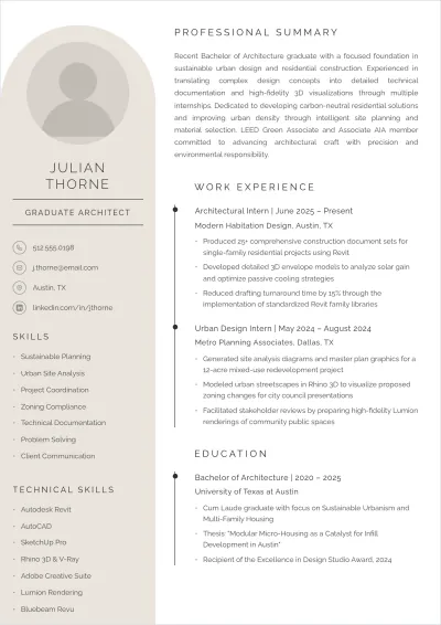 Free Fresh Graduate Architect ATS CV Template, AI CV Builder