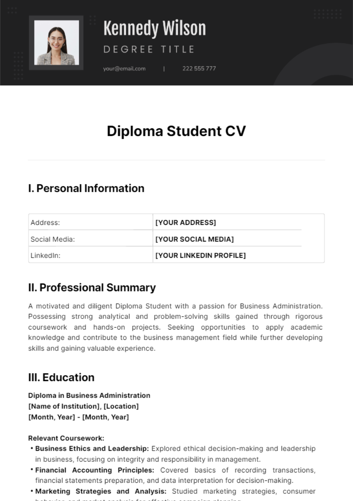 Free Diploma Student CV Template