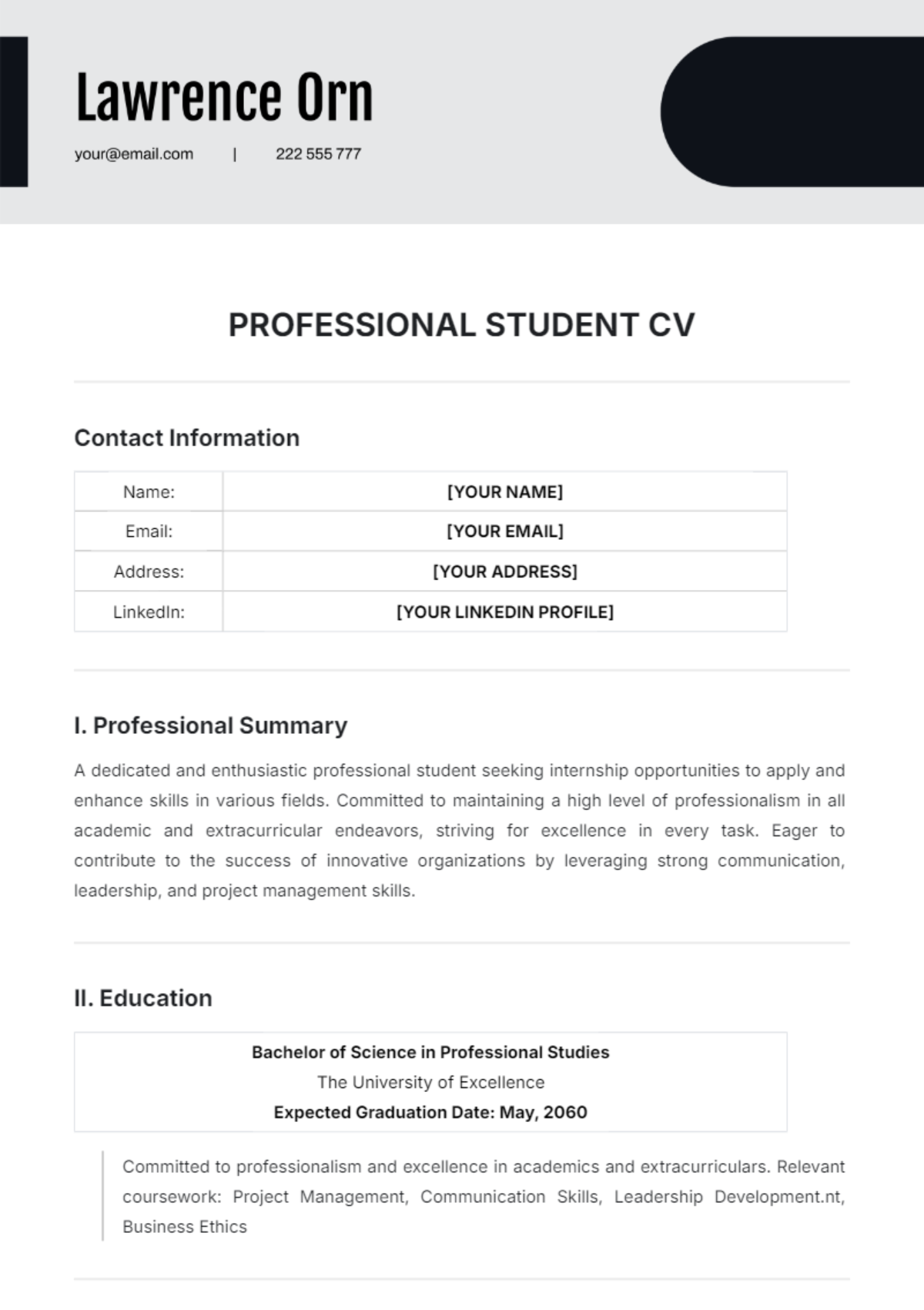 Professional Student CV Template - Edit Online & Download