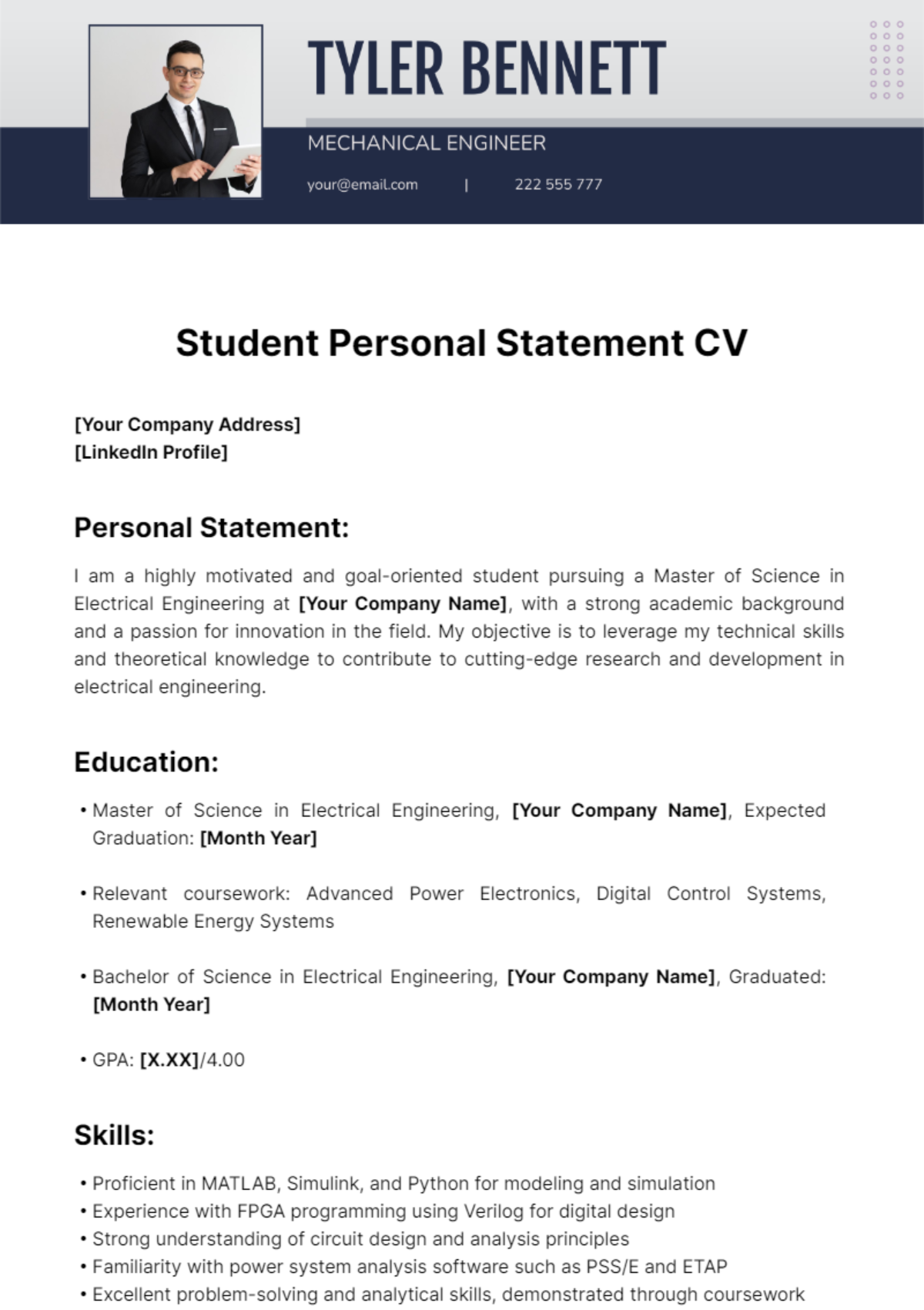 Student Personal Statement CV Template