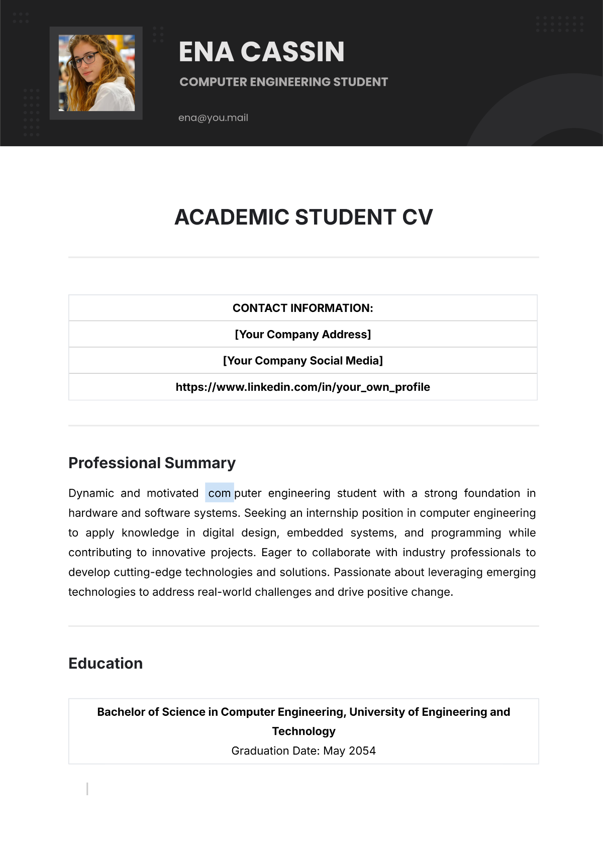 Free Academic Student CV Template