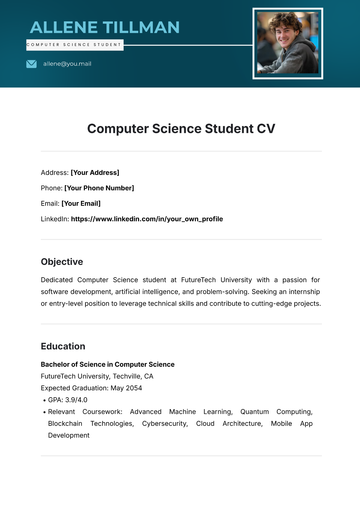 Free School Grade 12 Student CV Template to Edit Online