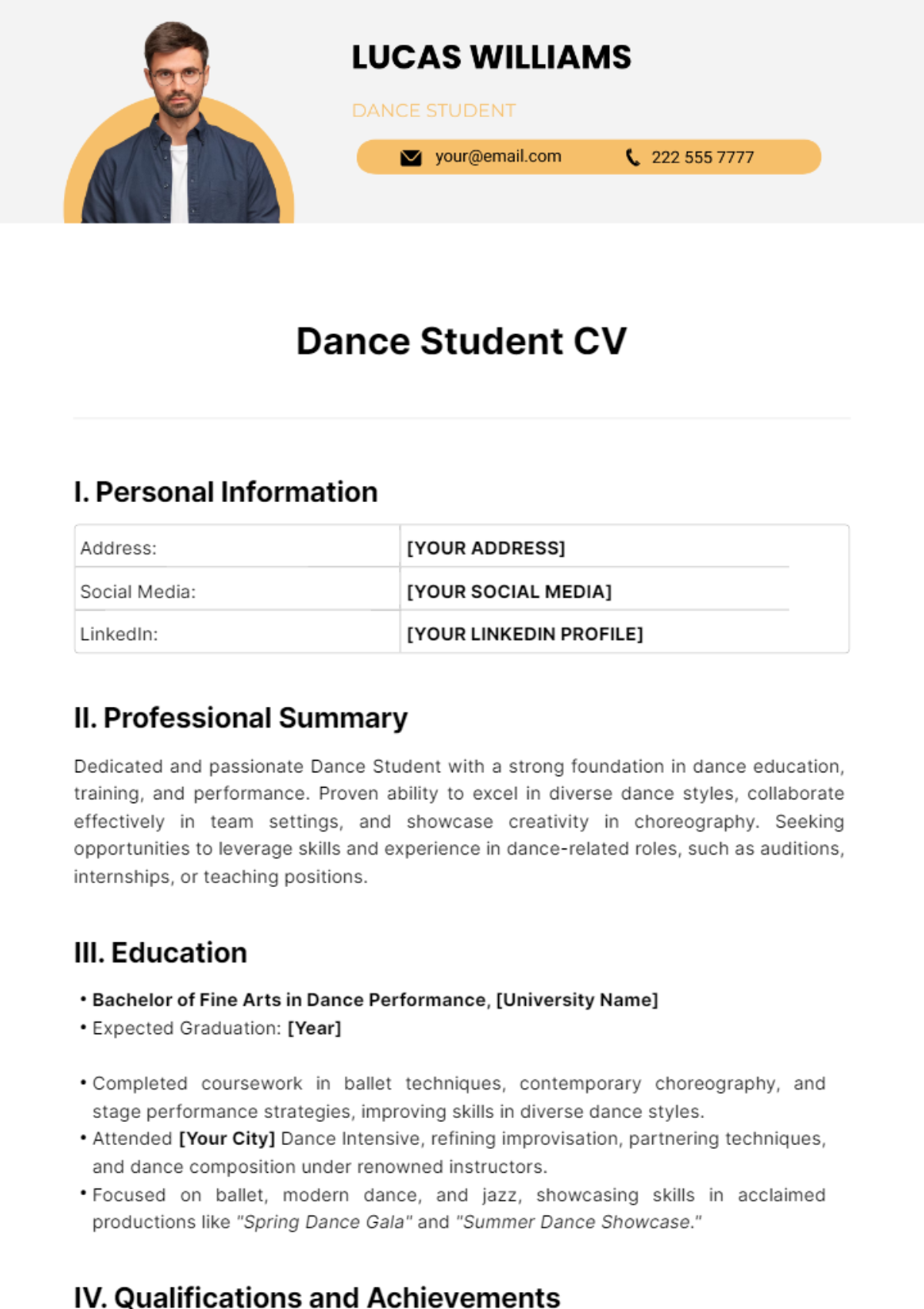 Free Dance Student CV Template