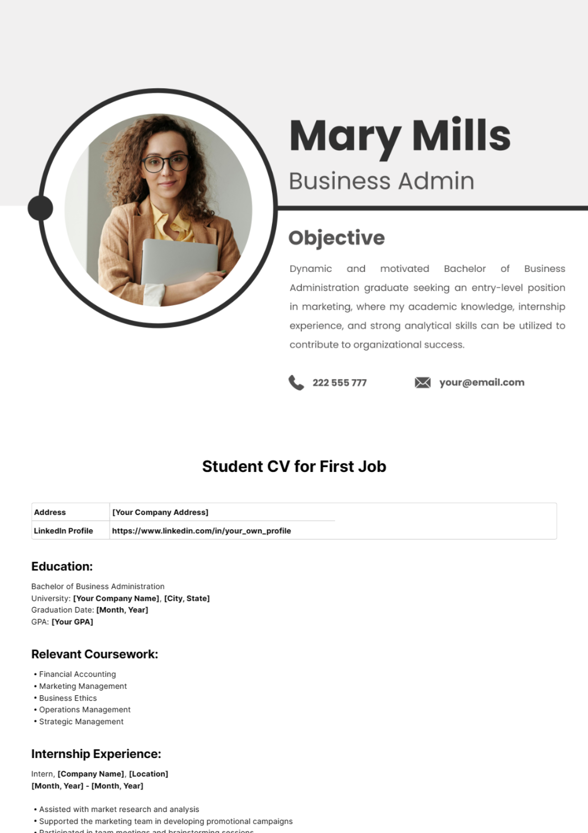 Free Student CV for First Job Template