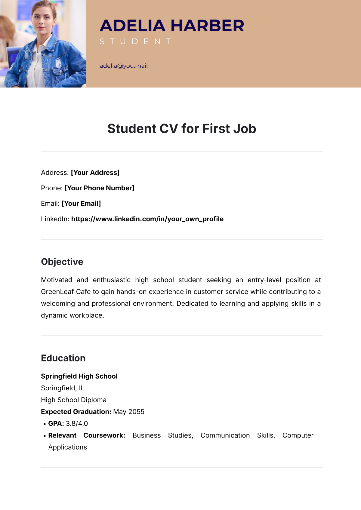 Free Student CV for First Job Template