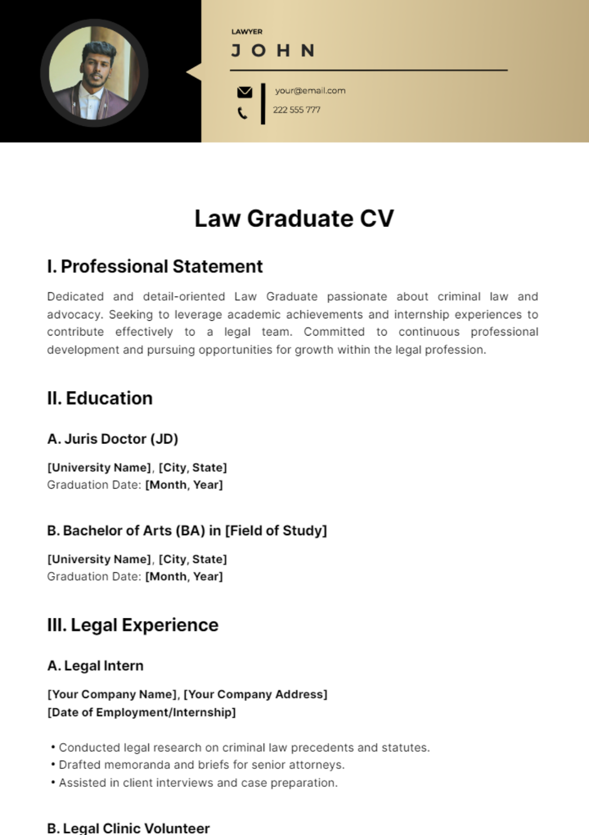 Free Law Graduate CV Template