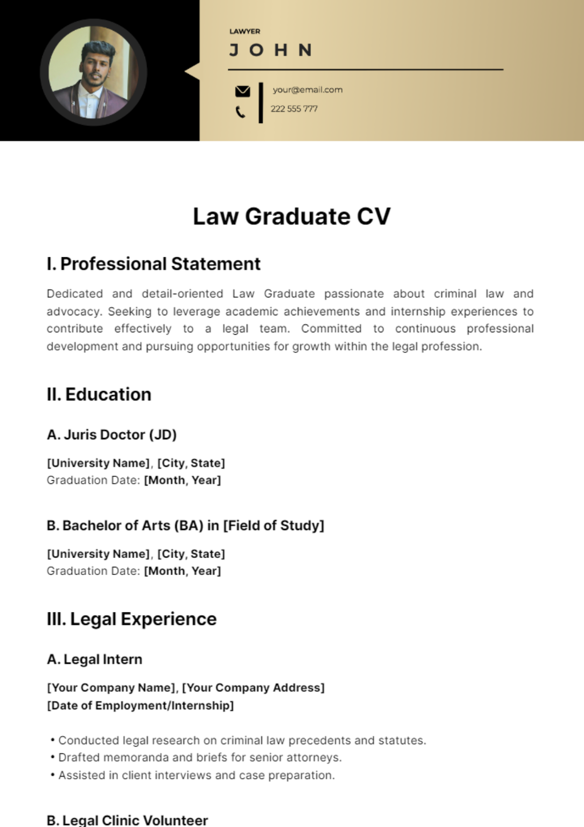 Law Graduate CV Template - Edit Online & Download