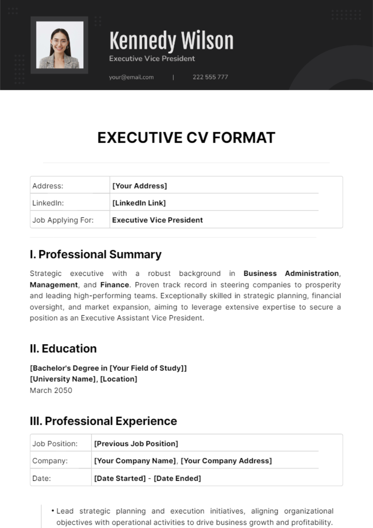 Executive CV Format Template