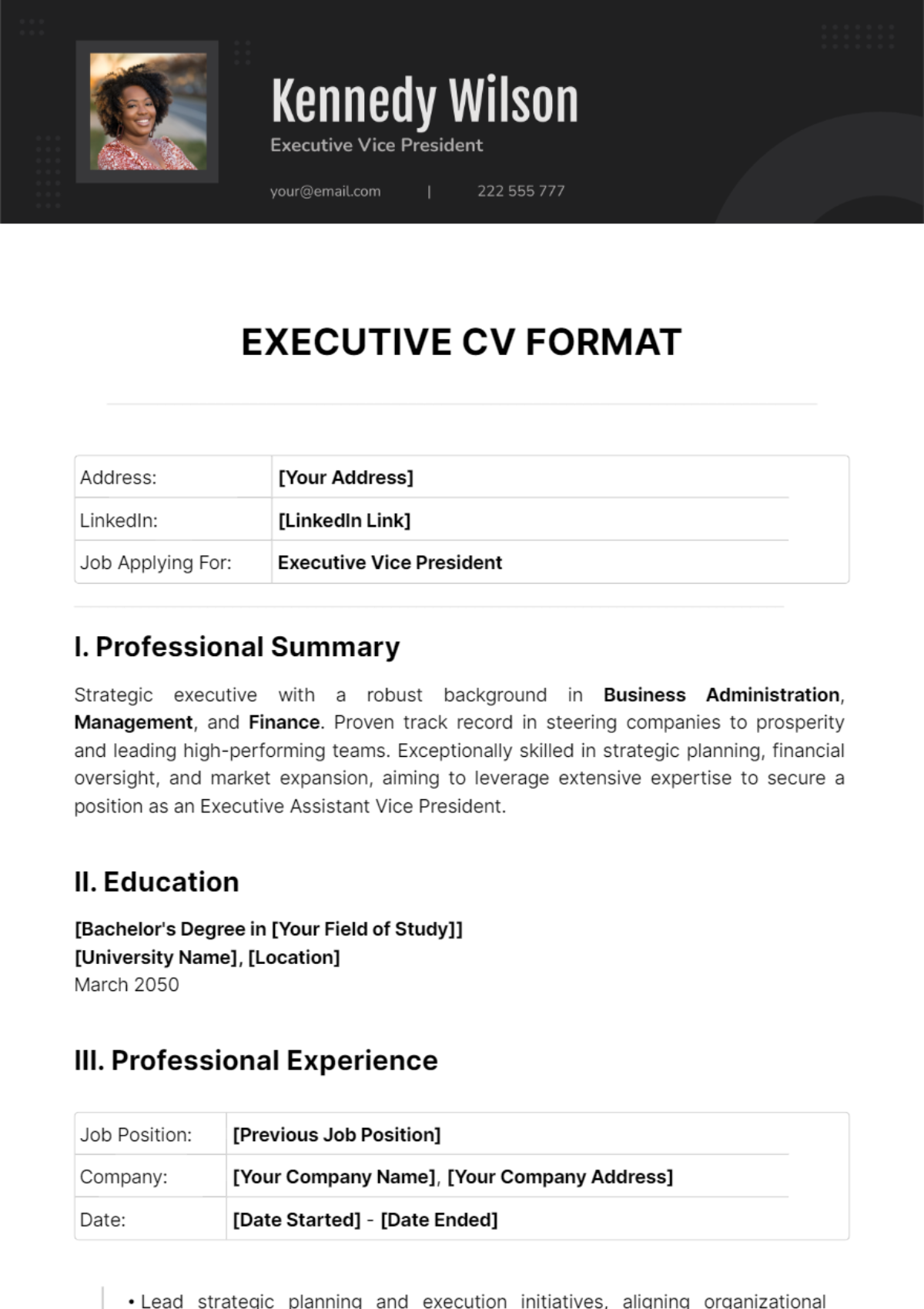 Executive CV Format Template - Edit Online & Download