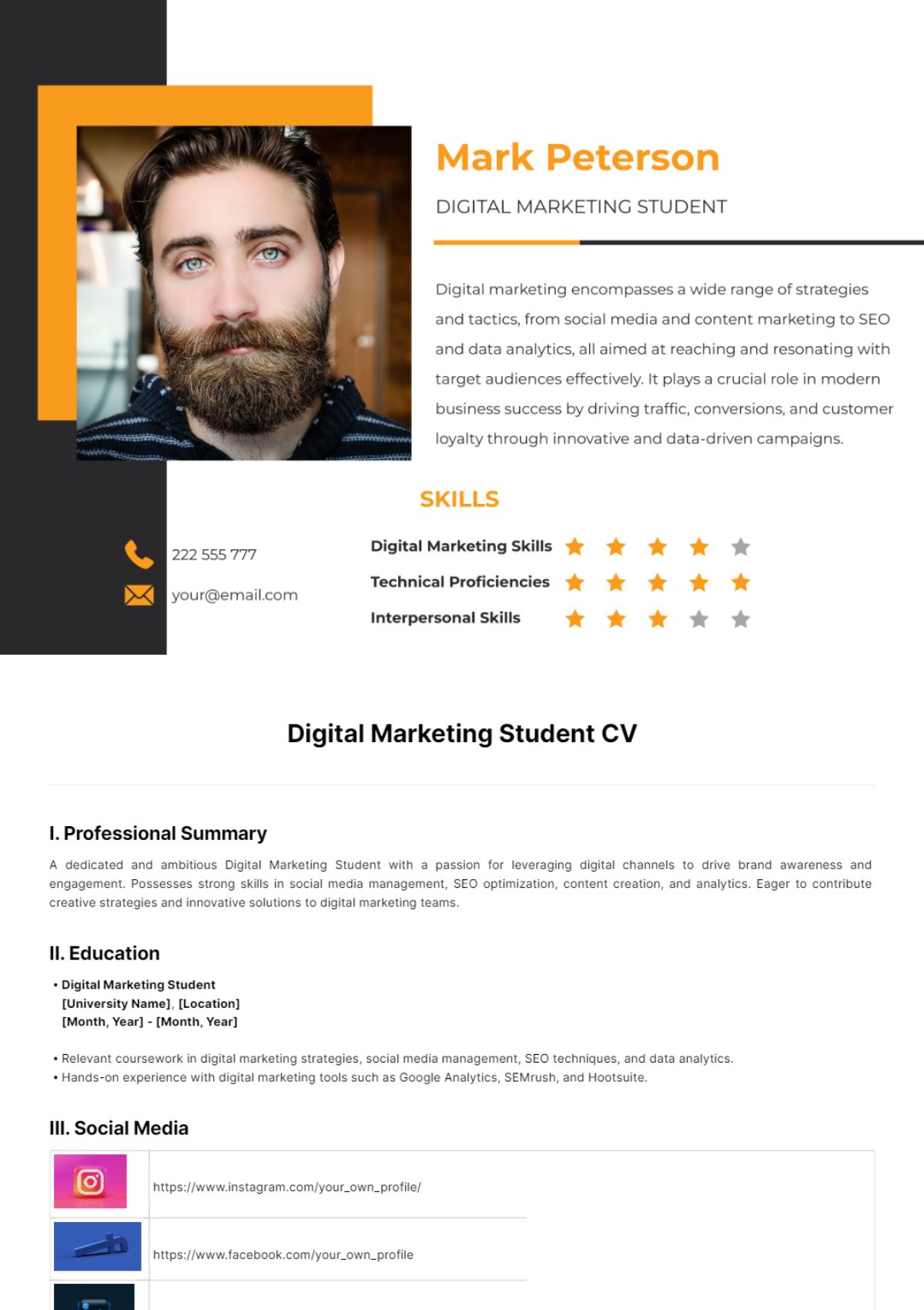 Free Digital Marketing Student CV Template