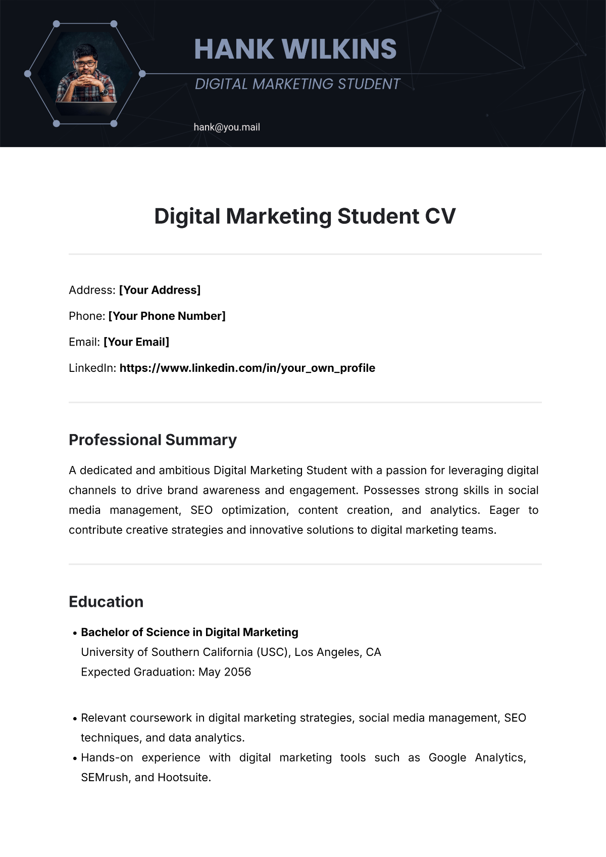 Free Digital Marketing Student CV Template