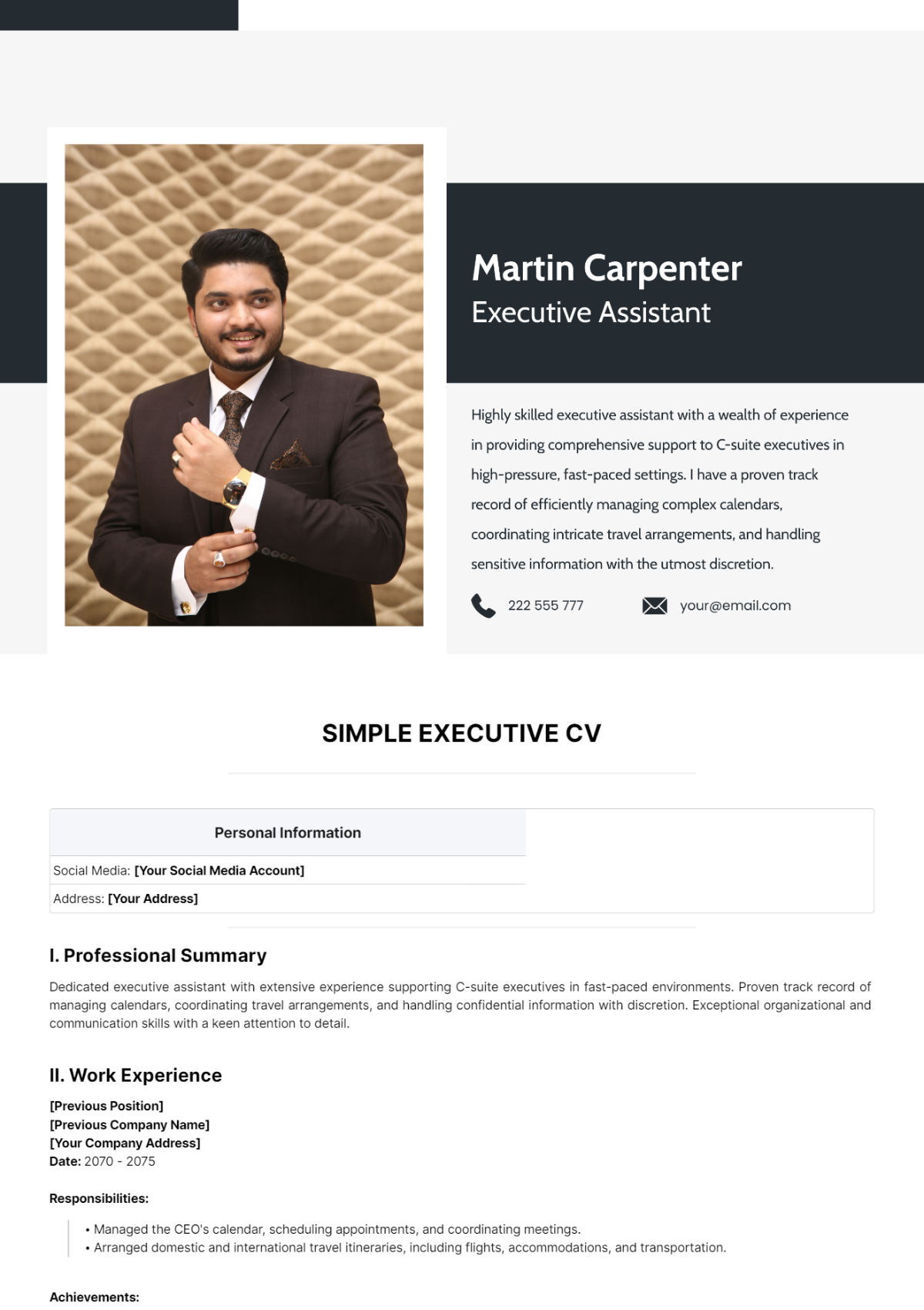 Simple Executive CV Template - Edit Online & Download