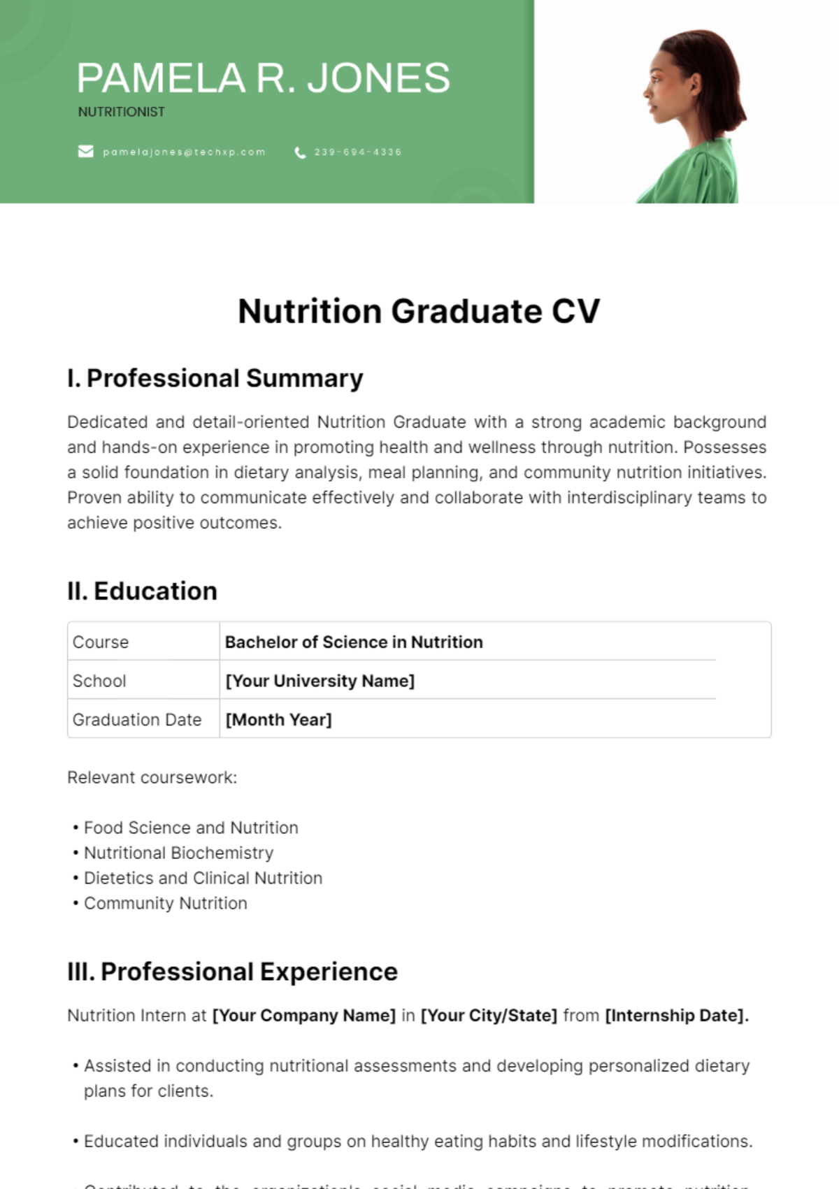 Nutrition Graduate CV Template