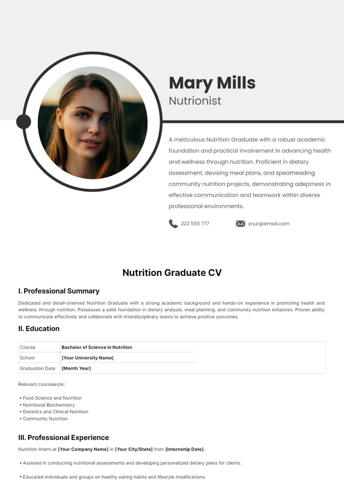 Free Nutrition Graduate CV Template