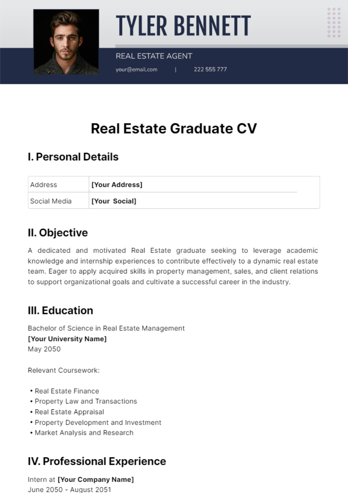 Free Real Estate Graduate CV Template