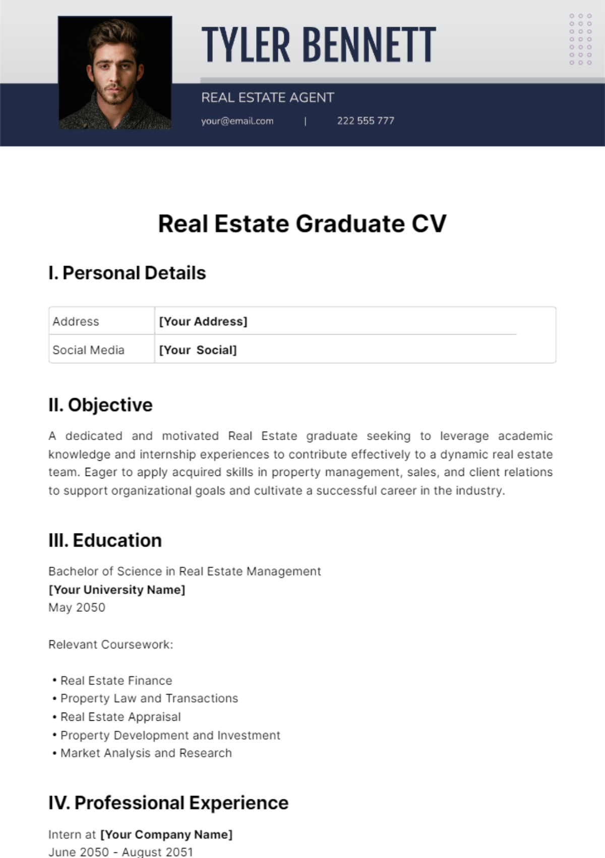 Real Estate Graduate CV Template - Edit Online & Download