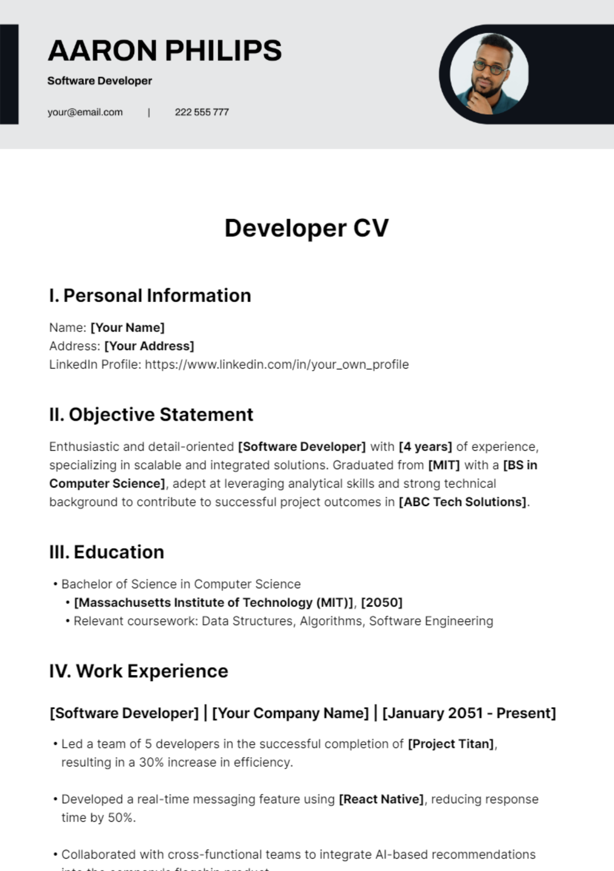 Developer CV Template - Edit Online & Download