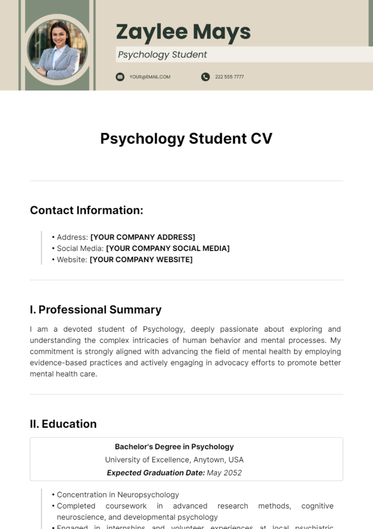 Psychology Student CV Template