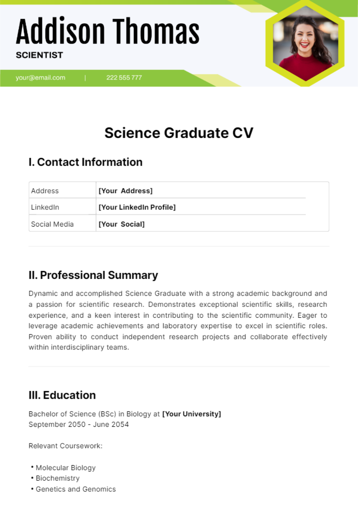 Free Science Graduate CV Template