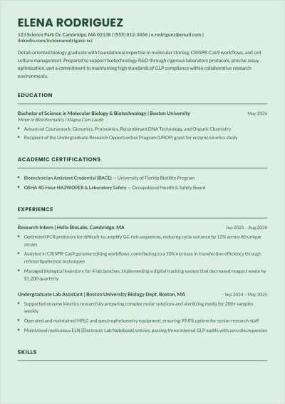 Free Science Graduate ATS CV Template, AI CV Builder