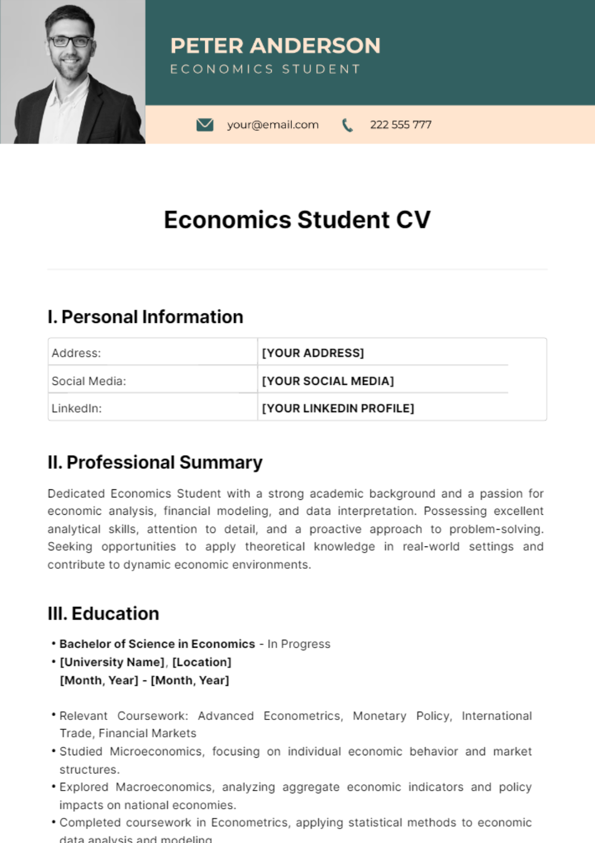 Free Economics Student CV Template