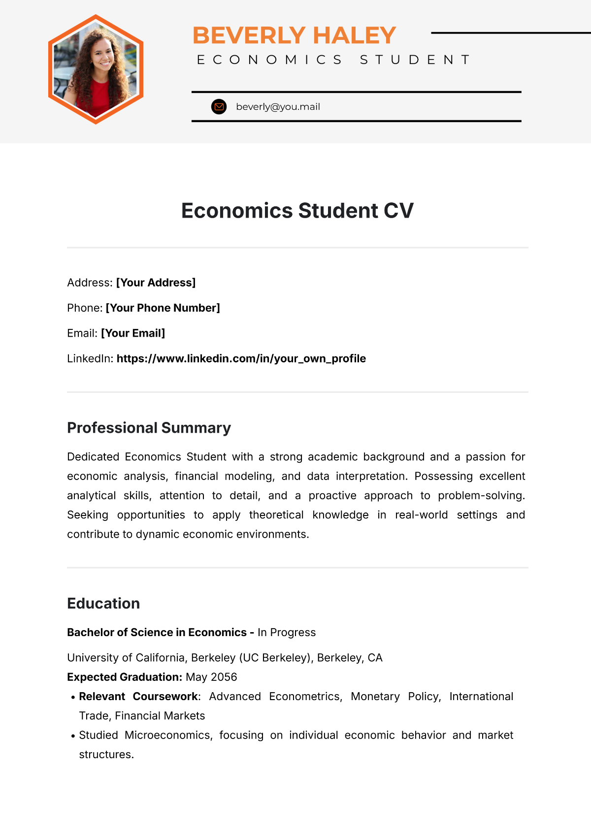 Free Economics Student CV Template