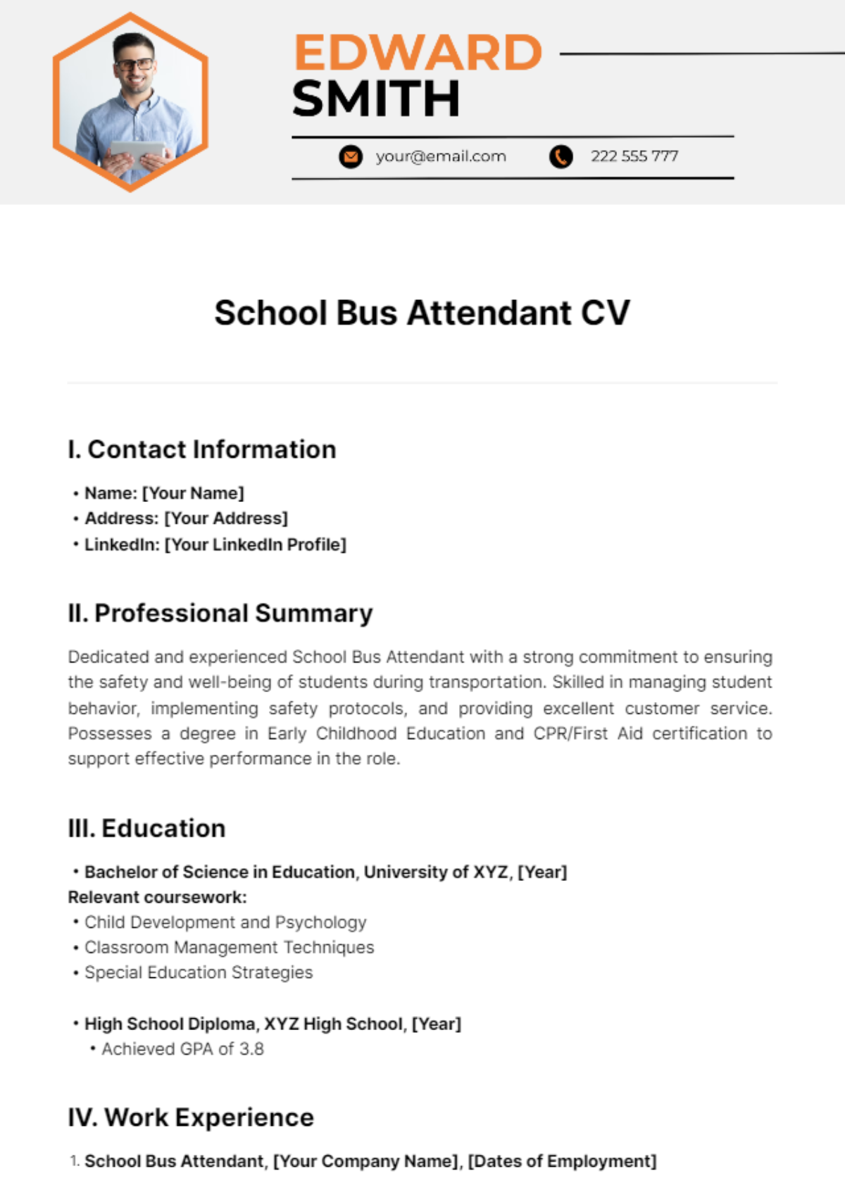 School Bus Attendant CV Template