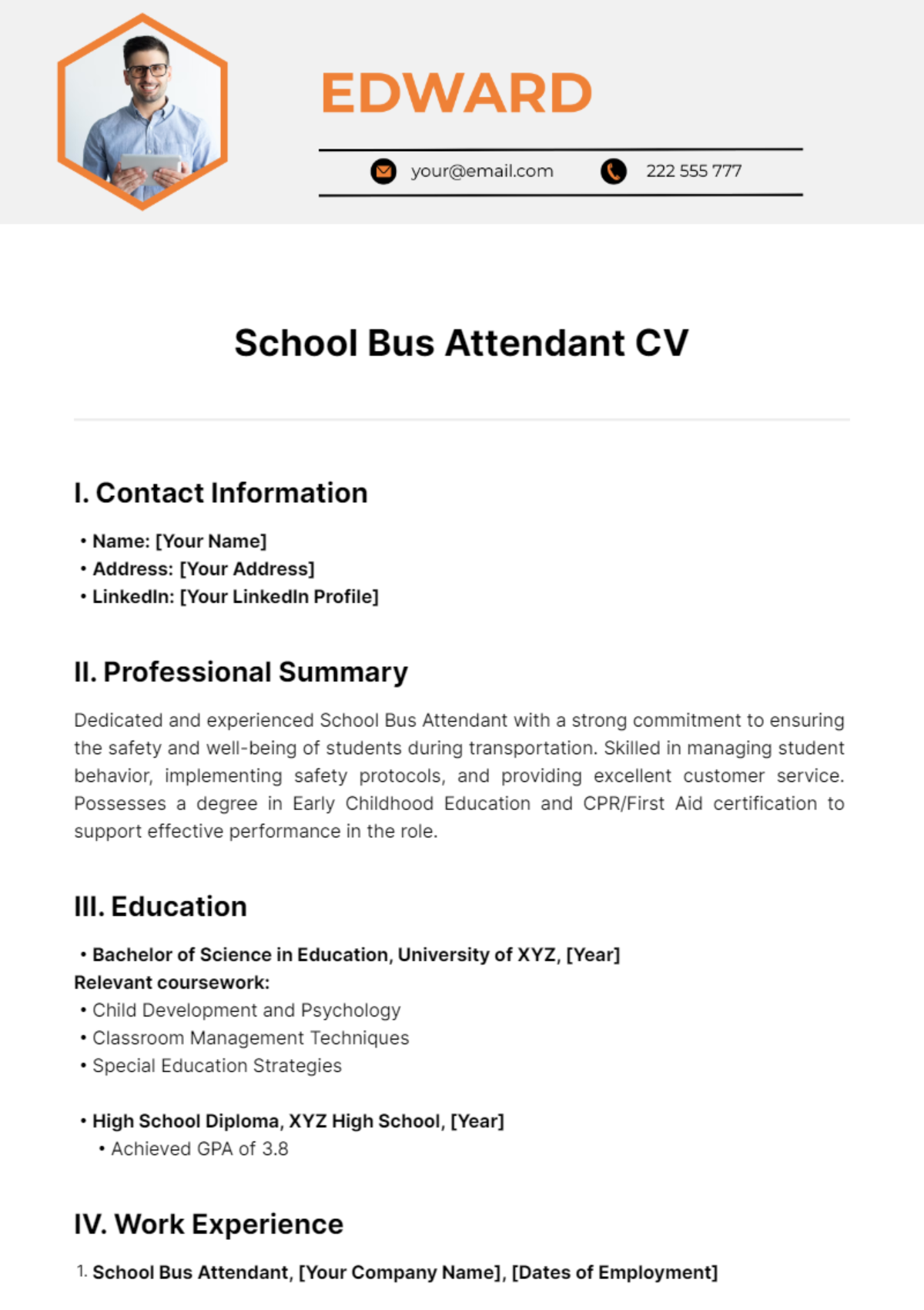 School Bus Attendant CV Template - Edit Online & Download