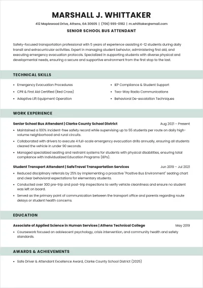 Free School Bus Attendant ATS CV Template, AI CV Builder