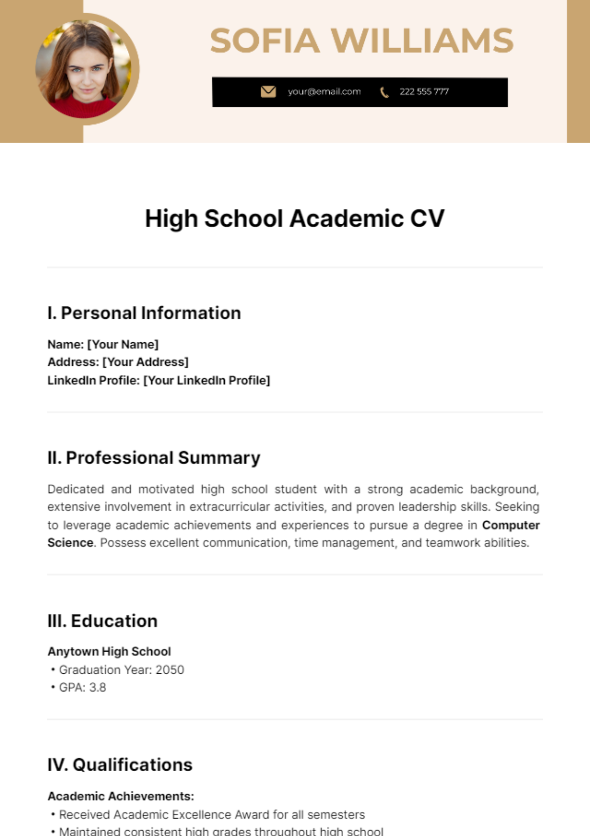 High School Academic CV Template