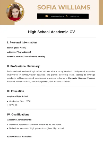 Free High School Academic CV Template to Edit Online