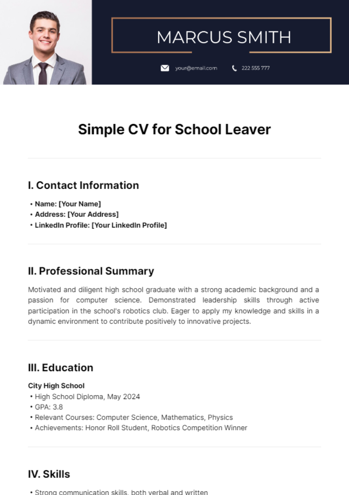 Simple CV for School Leaver Template