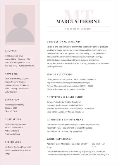 Free Simple ATS CV for School Leaver Template, AI CV Builder