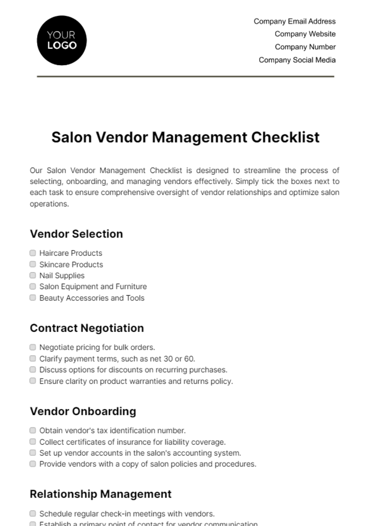 Salon Vendor Management Checklist Template