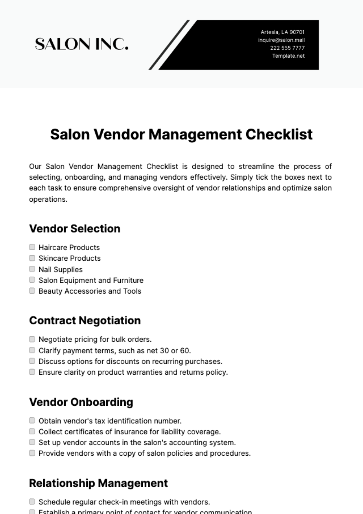 Salon Vendor Management Checklist Template - Edit Online & Download