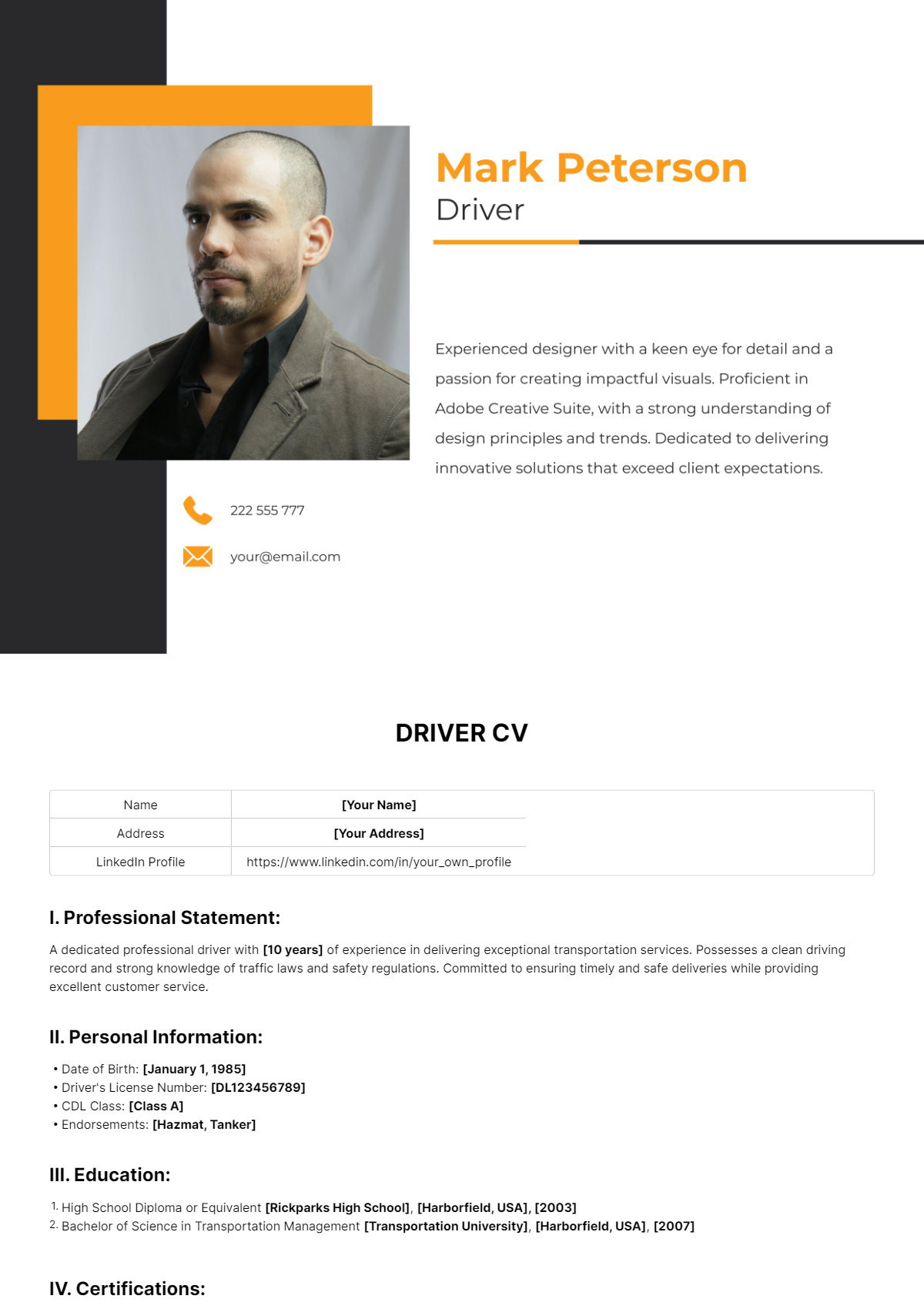 Free Driver CV Template - Edit Online & Download | Template.net