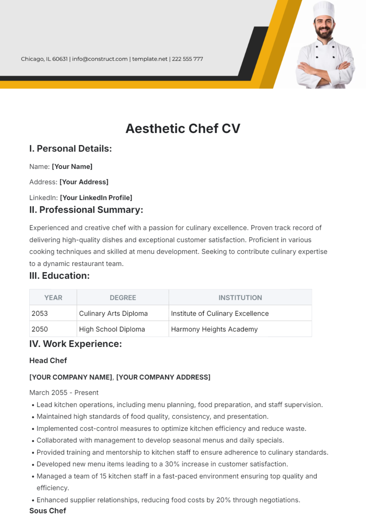 Aesthetic Chef CV Template - Edit Online & Download