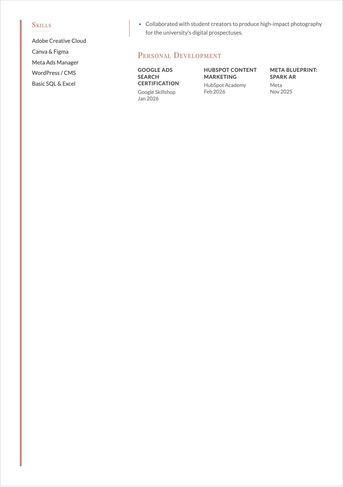 Free Marketing Graduate ATS CV Template, AI CV Builder
