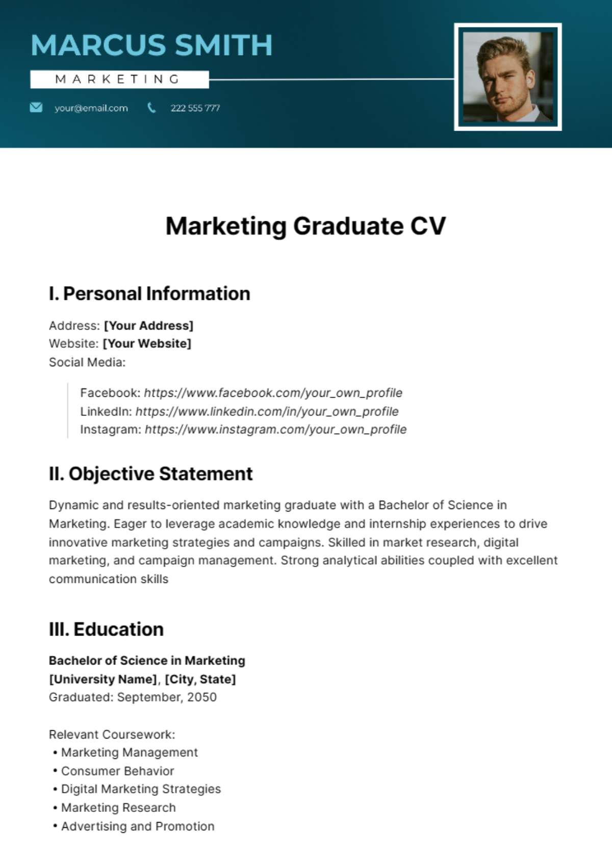Free Marketing Graduate CV Template