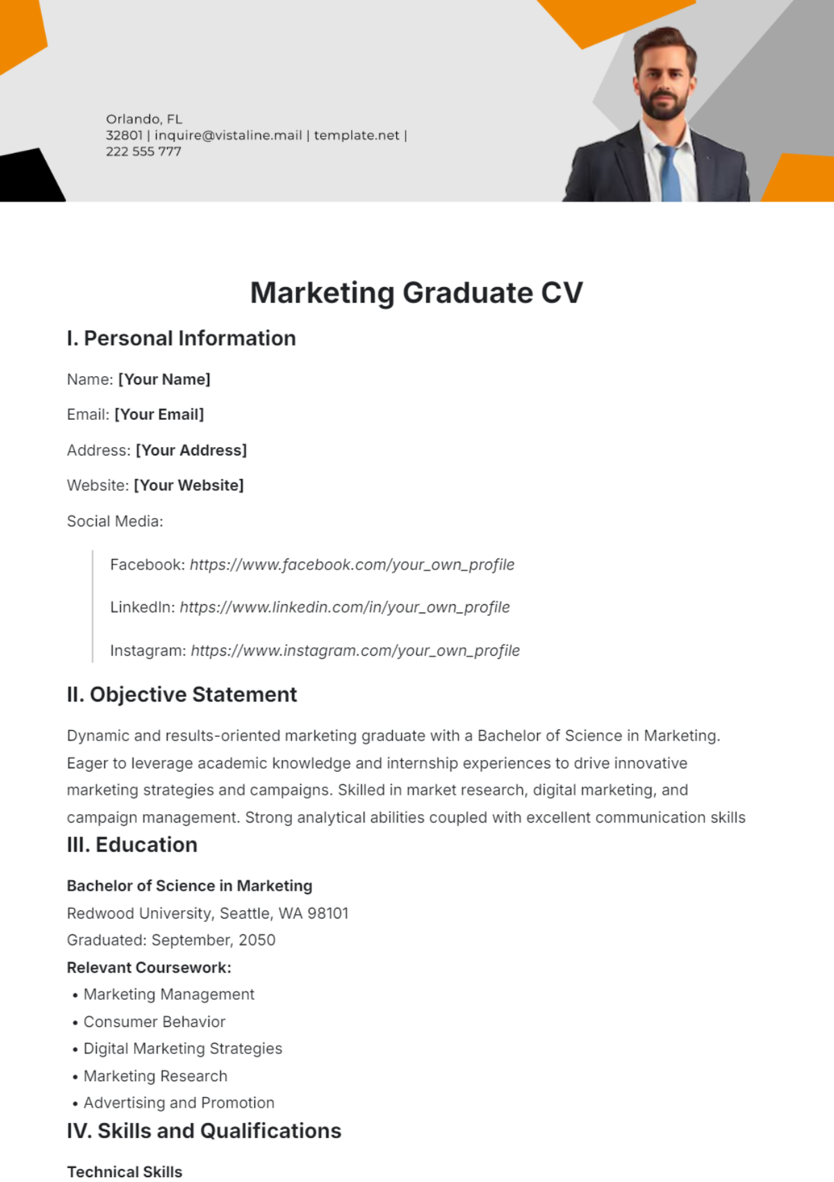 Marketing Graduate CV Template - Edit Online & Download