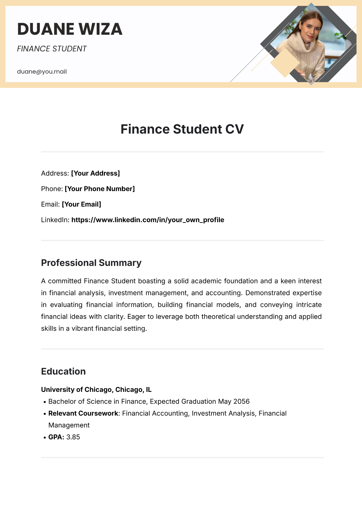 Free Finance Student CV Template