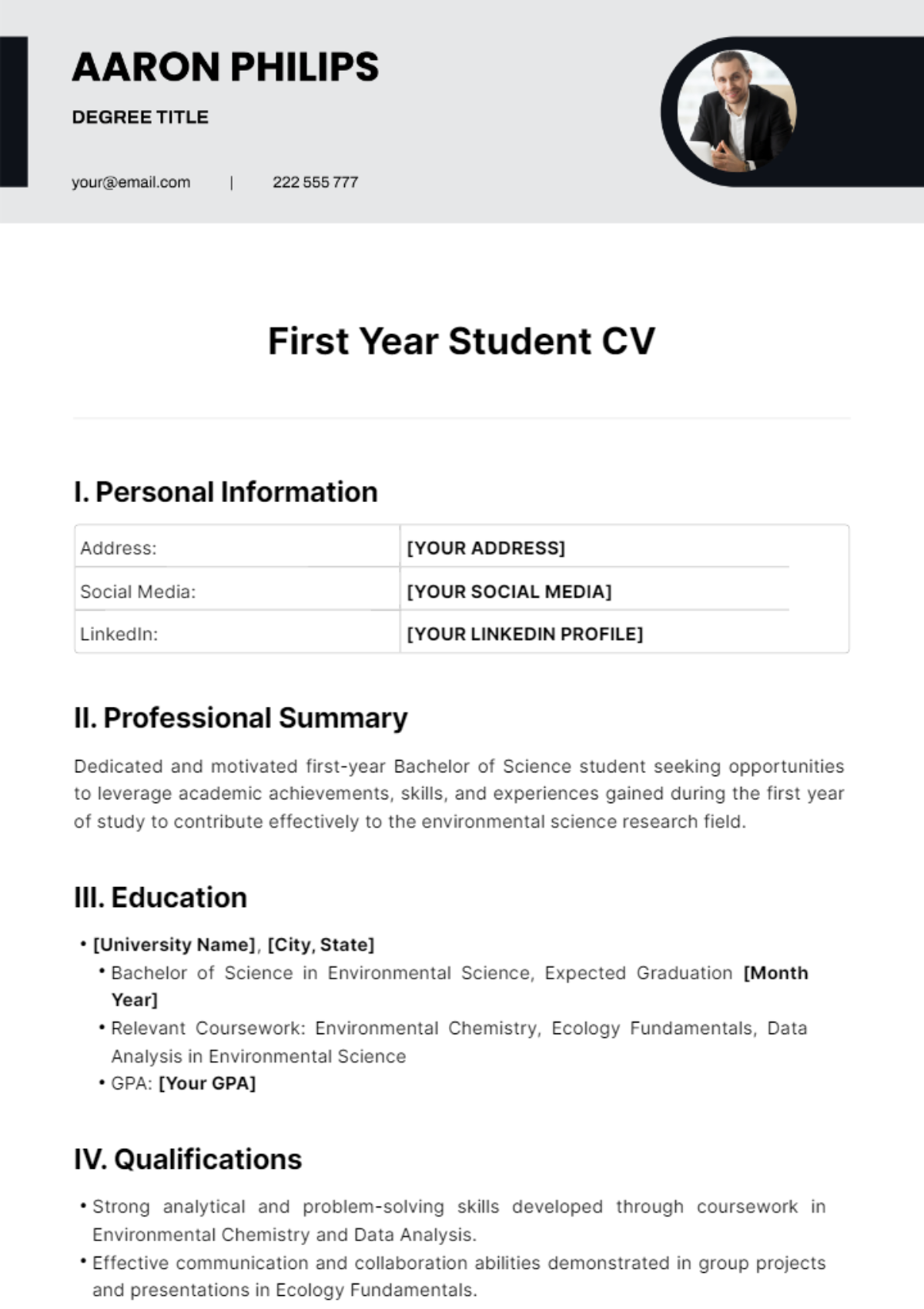 Free First Year Student CV Template