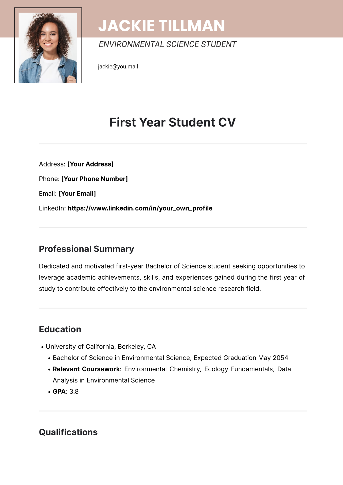 Free First Year Student CV Template