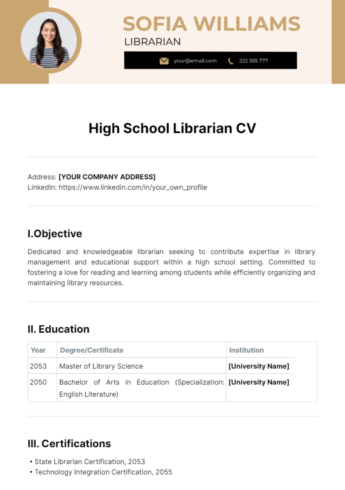 High School Librarian CV Template