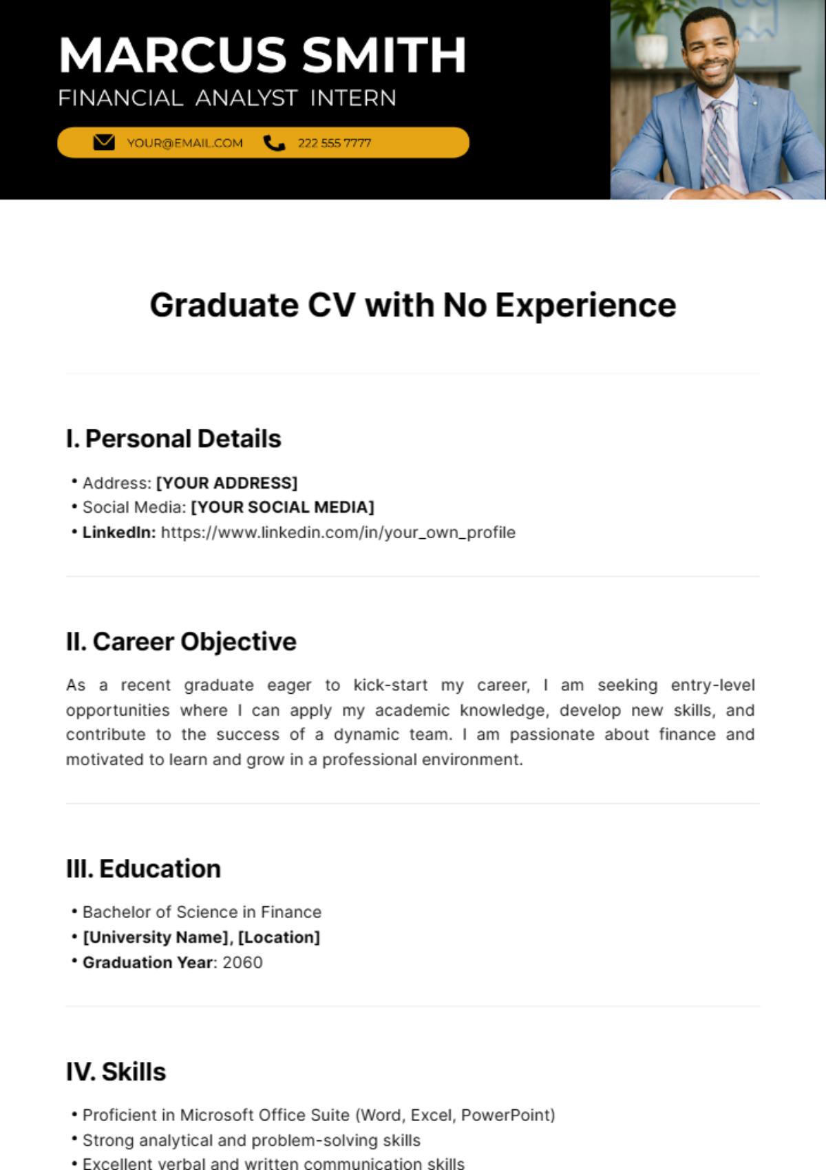 Free Graduate CV with No Experience Template